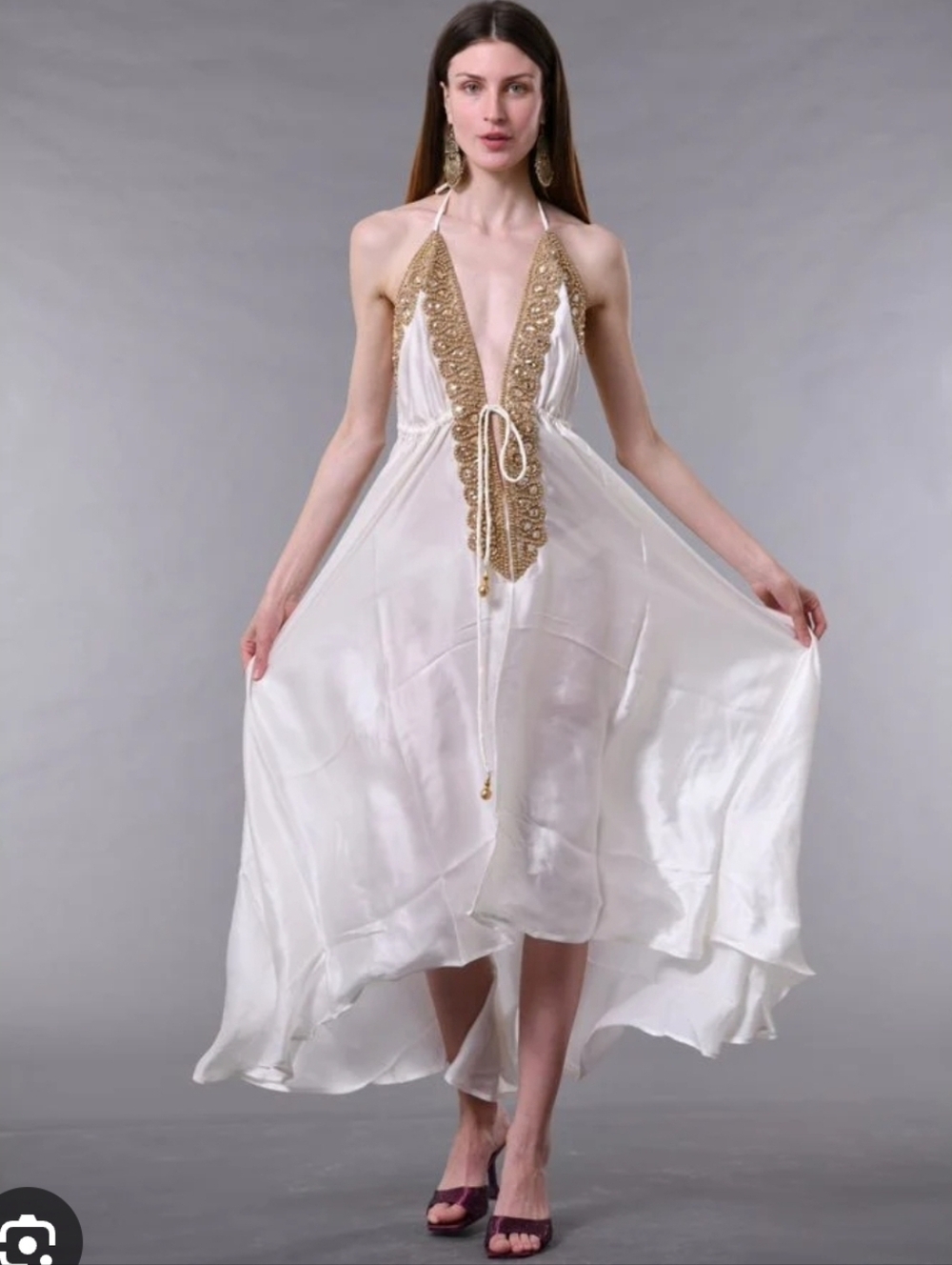 White Halter Silk Maxi Dress MANISH VAID designer with Gold Embellished Plunge